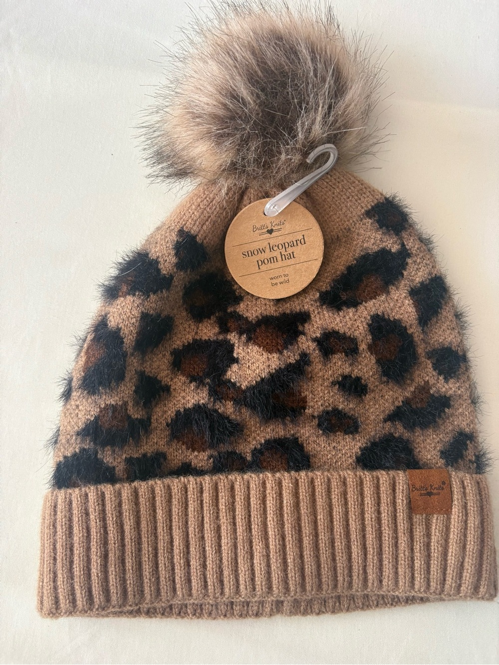 Snow Leopard Pom Hat - Tan Leopard Print with Pom